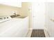 Laundry room with white appliances, storage cabinet, and a convenient door to the outside at 143 Asbury Dr # 86A, Anderson, IN 46013