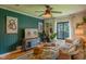 Cozy living room showcases a large sectional, wood accents, stylish decor, and a view to the backyard at 1709 E Loretta Dr, Indianapolis, IN 46227