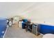A versatile loft space is showcased with neutral carpet, a desk, modern cabinets, and blue accent wall at 2025 E Broadway St, Fortville, IN 46040