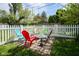 Charming outdoor patio area with colorful Adirondack chairs, perfect for relaxing and entertaining in a fenced backyard at 5119 Ralston Ave, Indianapolis, IN 46205