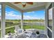 Charming screened-in porch with seating, a ceiling fan, and views of the pond and neighborhood at 5248 Holborn Ave, McCordsville, IN 46055