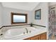 Bathroom featuring a garden tub with a white tile surround, frosted windows and a decorative light fixture at 5377 Crooked Stick Ct, Greenwood, IN 46142