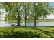 Scenic waterfront view of the community lake featuring a private boat dock and lush greenery at 7608 Harbour, Indianapolis, IN 46240