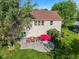 Overhead view of a private backyard with a patio, outdoor seating, a fire pit, and lush green grass at 1783 Trillium Ct, Avon, IN 46123