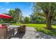 Cozy outdoor patio with comfortable seating, a red umbrella, and a meticulously maintained lawn at 1783 Trillium Ct, Avon, IN 46123