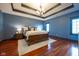 Stylish bedroom with hardwood floors, tray ceiling, a chandelier, and a cozy rug at 4890 Benthaven E Dr, Bargersville, IN 46106