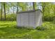 Outdoor storage shed surrounded by lush greenery and manicured landscaping at 5039 Five Points Rd, Indianapolis, IN 46239