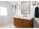 Bathroom with vanity, walk-in shower and brass fixtures at 5439 Indianola Ave, Indianapolis, IN 46220