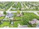 Aerial view of a home with a large backyard, tool shed, and lush landscaping at 745 N Madison St, Fortville, IN 46040