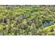 This secluded property features mature trees and includes a pond, as seen from an aerial view at 8820 Mud Creek Rd, Indianapolis, IN 46256