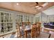 Charming dining area with wooden ceilings, skylights, and large windows with wooded views at 8820 Mud Creek Rd, Indianapolis, IN 46256