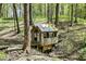 Unique backyard playhouse with a wooden bridge, surrounded by trees and natural beauty at 8820 Mud Creek Rd, Indianapolis, IN 46256