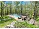 Aerial view of a backyard pool surrounded by trees, offering a private oasis at 8820 Mud Creek Rd, Indianapolis, IN 46256