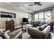 Comfortable living room with a large window, plush seating, and a ceiling fan at 952 Elm St, Indianapolis, IN 46203