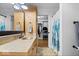 Functional bathroom with a sink, walk-in closet, and shower with a decorative curtain at 10456 N State Rd 267, Brownsburg, IN 46112