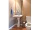 Neutral bathroom features a sleek pedestal sink, modern faucet, and stylish fixtures at 12253 Bedrock Ct, Fishers, IN 46037