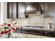 Close-up of gas range with granite countertops, decorative backsplash and dark cabinetry at 12722 Moonseed Dr, Carmel, IN 46032