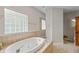 A luxurious soaking tub with tiled surround is illuminated by a glass block window at 1832 Live Oak Ct, Avon, IN 46123