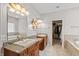 Bright bathroom featuring double vanity, granite countertops, decorative lighting, and walk-in closet at 1832 Live Oak Ct, Avon, IN 46123