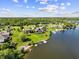 Waterfront property with boat docks, green lawn, and mature trees on a sunny day providing serene lake living at 3107 Waterfront Cir, Anderson, IN 46012