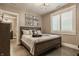 Bedroom with light gray walls, a bed with plush pillows and white shutters at 6734 W Stonegate Dr, Zionsville, IN 46077