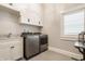 Bright laundry room with white cabinetry, stainless steel washer/dryer, and window with shutter blinds at 6734 W Stonegate Dr, Zionsville, IN 46077