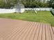 View of the backyard from a wooden deck, showcasing the storage shed and swing set at 6903 Governors Pointe Blvd, Indianapolis, IN 46217