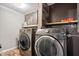 This laundry room features a newer washer and dryer set, storage shelves and white walls at 1242 W Huntsville Rd, Pendleton, IN 46064