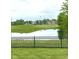 Backyard view showcasing a pond, green grass, and a distant hot air balloon at 12739 Kiawah Dr, Carmel, IN 46033