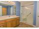 Bright bathroom with blue walls, a vanity with a sink, and a walk-in shower with grab bars at 2416 Foxtail Dr, Plainfield, IN 46168
