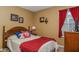 Cozy bedroom featuring carpet, warm tan walls, baseball themed decor, and window with red curtains at 270 Rapid Rill Ln, Brownsburg, IN 46112