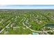An expansive aerial view captures community homes surrounded by lush green trees and manicured landscapes at 5783 Coopers Hawk Dr, Carmel, IN 46033