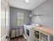 Functional laundry room includes modern appliances, storage shelves, and ample counter space at 695 Bobtail Dr, Greenfield, IN 46140