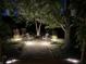 Serene backyard retreat featuring gravel, stone pavers, mature trees, decorative grasses, and inviting seating around a fire pit at 828 Breaside Ln, Greenwood, IN 46143