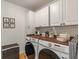 Functional laundry room with sleek appliances, custom storage, and built-in cabinets for optimal convenience at 828 Breaside Ln, Greenwood, IN 46143