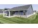 Backyard with patio, blue siding and stone foundation at 1115 Senate Dr, Edinburgh, IN 46124