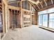 Framed interior of a house under construction featuring exposed wooden beams and large window placement at 1415 Beaumont Cir, Westfield, IN 46074