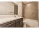 Bathroom with vanity, shower-tub combo, and light-gray tile creates a modern and clean space at 1520 Central Ave, Indianapolis, IN 46202