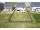 Aerial view of fenced backyard and patio area showing lawn, garden, and neighboring homes at 15413 Staffordshire Way, Fishers, IN 46037