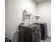 Modern laundry room features front loading washer and dryer and shelf with supplies at 15413 Staffordshire Way, Fishers, IN 46037