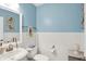 Charming powder room featuring blue walls, white wainscoting, and stylish fixtures creating a cozy and inviting space at 16516 Wilsons Farm Dr, Fishers, IN 46040