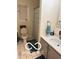 Modest bathroom with white cabinets, a tiled floor, a single sink, and a shower with a blue patterned curtain at 209 Brighton Ct, Greenwood, IN 46143