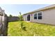 Fenced backyard with a lawn and sliding glass door access to the home's interior at 4033 Tahoe Dr, Indianapolis, IN 46235