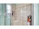 Modern shower with tiled walls, glass door, and convenient shelving for toiletries at 4763 W Tradwell Dr, New Palestine, IN 46163