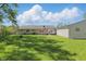 Spacious backyard with a well-kept lawn, picnic table, and detached garage, ideal for outdoor activities at 633 Park Dr, Greenwood, IN 46143