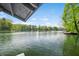 Scenic lake view showcasing calm waters surrounded by lush trees, with a clear blue sky overhead at 7753 Ivy Dr, Nineveh, IN 46164