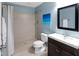 Updated bathroom showcasing a walk-in shower, vanity with modern fixtures, and neutral color scheme at 10155 Landis Blvd, Fortville, IN 46040