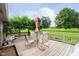 Wooden deck with outdoor dining set, overlooking the well-maintained backyard and grassy field at 10833 Tournament Ln, Indianapolis, IN 46229