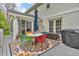 Cozy outdoor patio with stylish seating, a colorful rug, and a grill, perfect for entertaining at 14809 Senator Way, Carmel, IN 46032