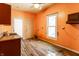 Orange kitchen featuring a sink, window, and ceiling fan at 2114 Sugar Grove Ave, Indianapolis, IN 46202